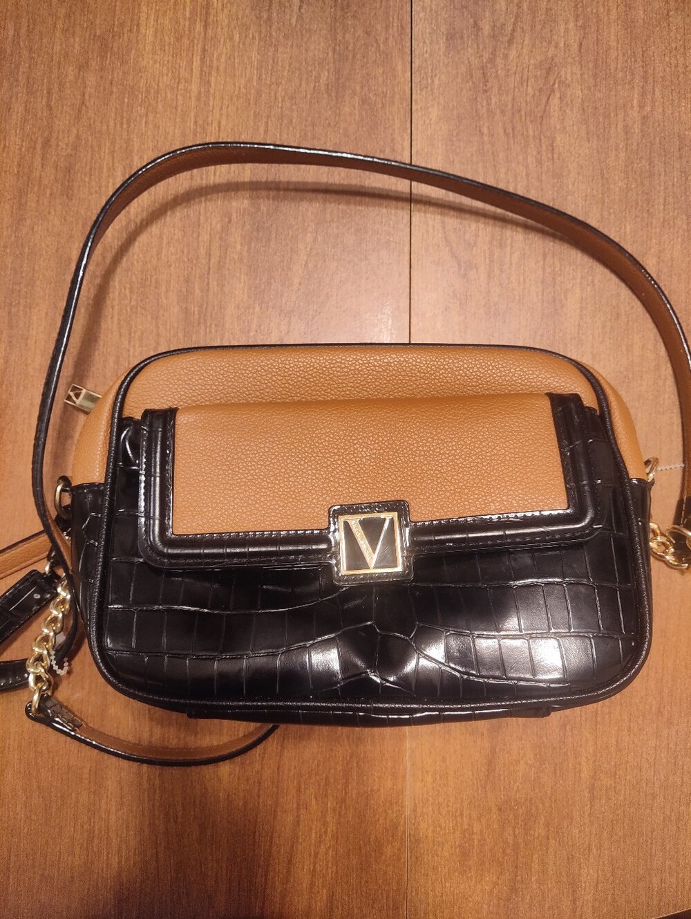 Victoria's Secret Black & Brown Croc Embossed Crossbody Bag w/ Mirror, Gold.